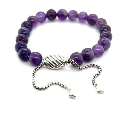 David Yurman Authentic Estate Amethyst Spiritual Beads Bracelet 6.6 - 8.5" Silver 8 mm DY471