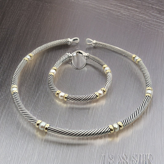 David Yurman Authentic Estate Pearl Necklace 17" + Bracelet Set 7.5" Silver + 14k Gold DY310