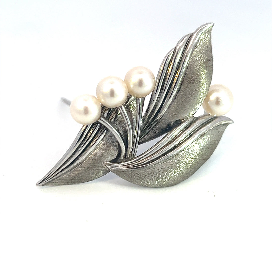 Mikimoto Estate Akoya Pearl Floral Brooch Sterling Silver 5 mm M385