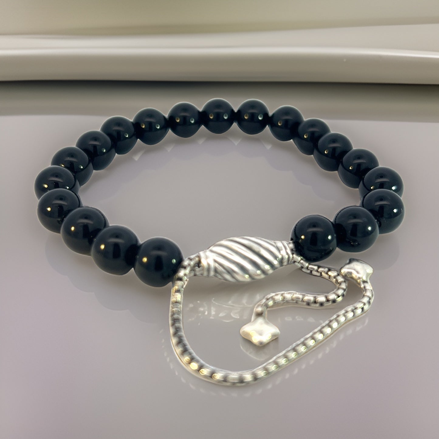 David Yurman Authentic Estate Onyx Polished Beads Bracelet 6.6 - 8.5" Silver 8 mm DY449