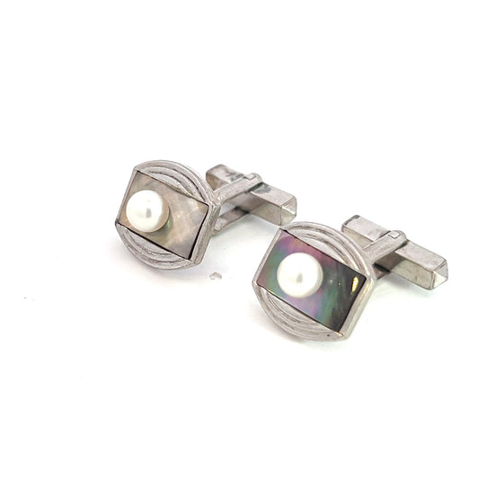 Mikimoto Estate Akoya + Mother of Pearl Cufflinks 5.2 mm Sterling Silver M381