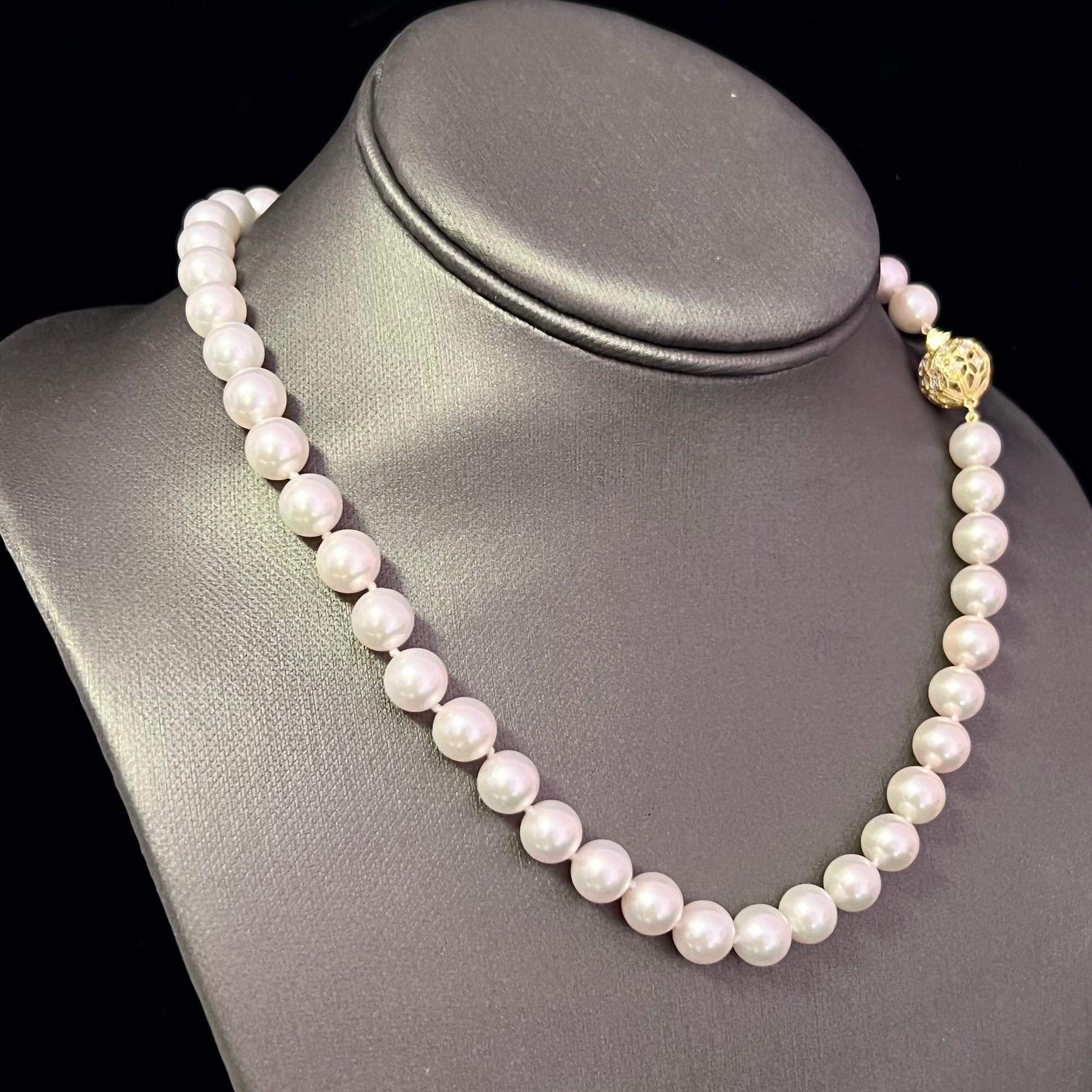 Akoya Pearl Necklace with Diamond Clasp 17" 14k Y Gold 8.5 mm Certified $7,490 210641