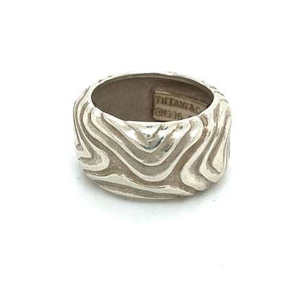 Tiffany & Co Estate Woodgrain Design Ring 5 Silver 11 mm Height TIF450