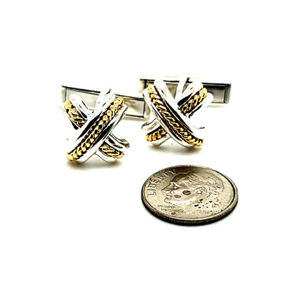 Tiffany & Co Estate Mens X Signature Cufflinks 18k Yellow Gold Sterling Silver TIF469