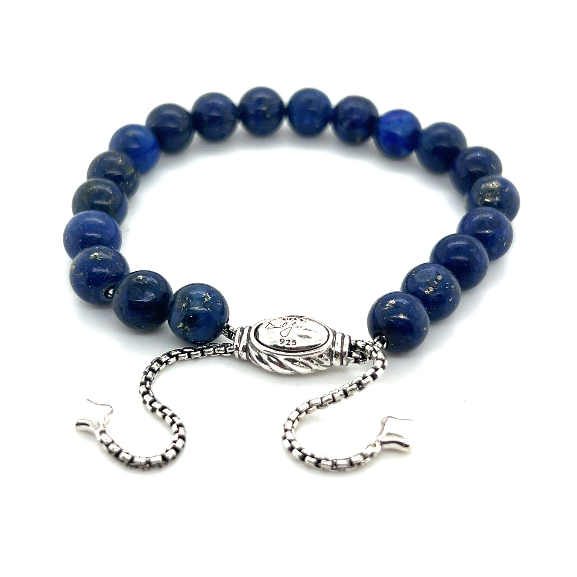 David Yurman Authentic Estate Lapis Lazuli Spiritual Beads Bracelet 6.6 - 8.5" Silver 8 mm DY497