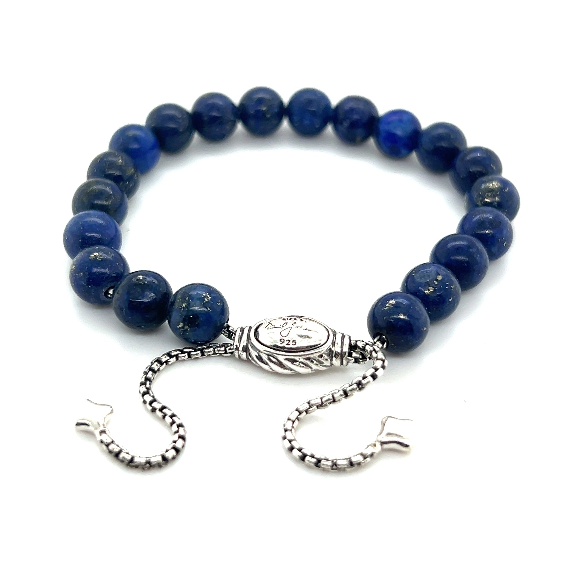 David Yurman Authentic Estate Lapis Lazuli Spiritual Beads Bracelet 6.6 - 8.5" Silver 8 mm DY468
