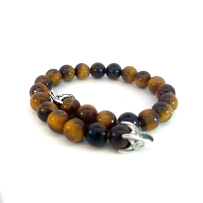 David Yurman Authentic Estate Tiger Eye Prayer Bead Bracelet 8.5" Sterling Silver DY444