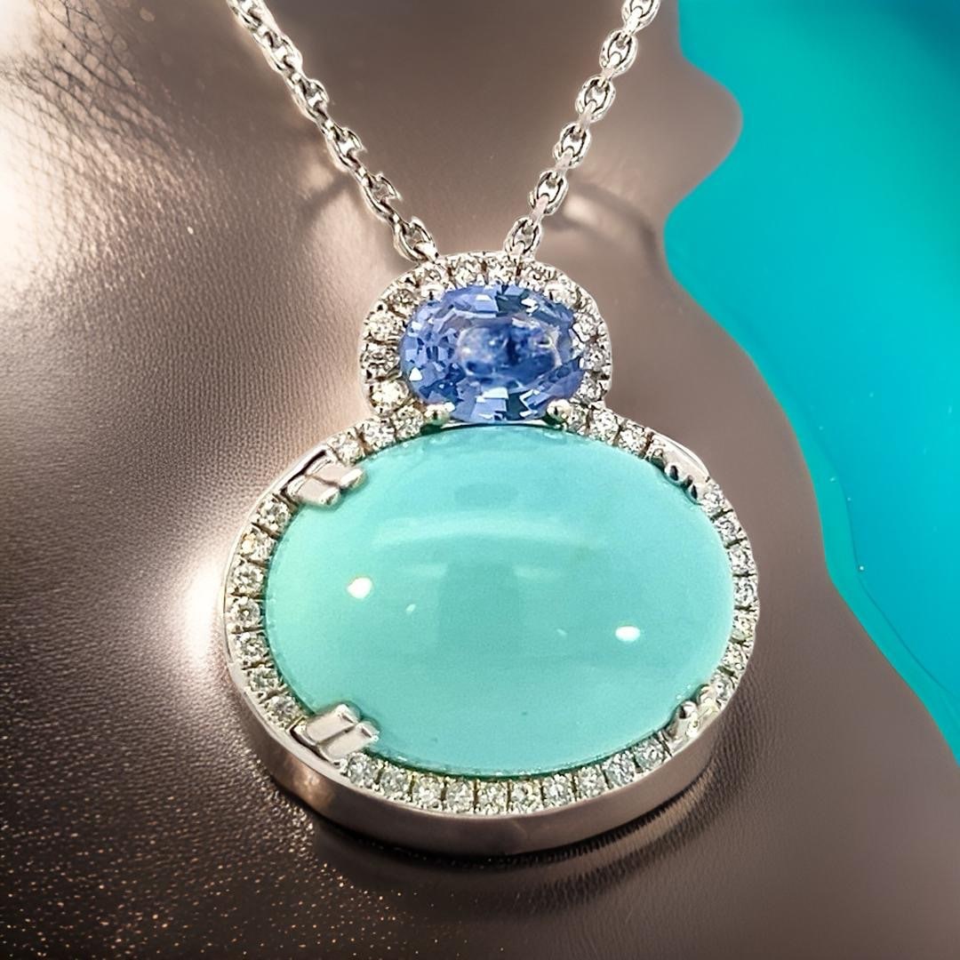 Natural Persian Turquoise Sapphire and Diamond Stud Pendant Necklace 14k White Gold 19.03 TCW Certified $6,950 311694