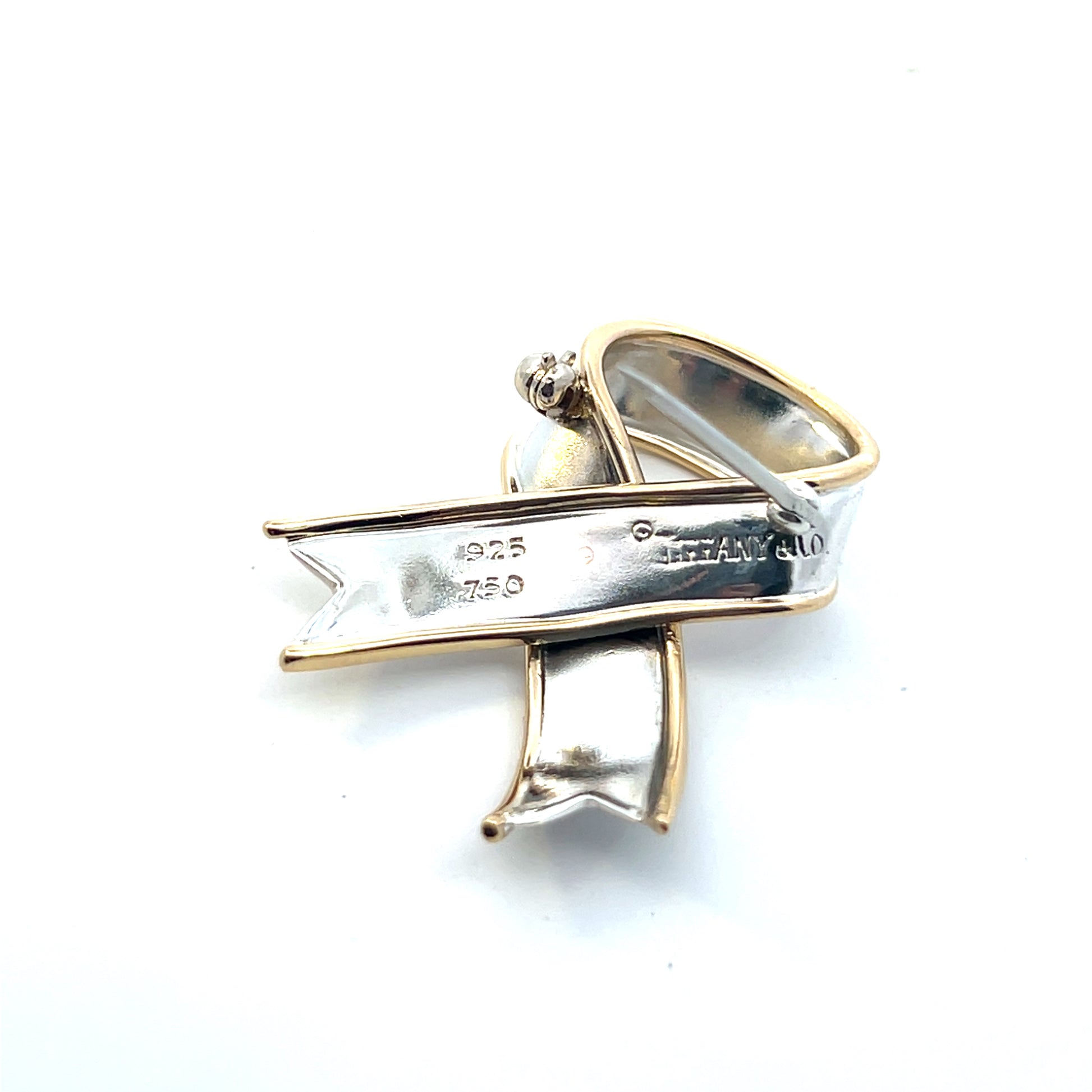 Tiffany & Co Estate Ribbon Pin Brooch 18k Gold & Silver TIF747