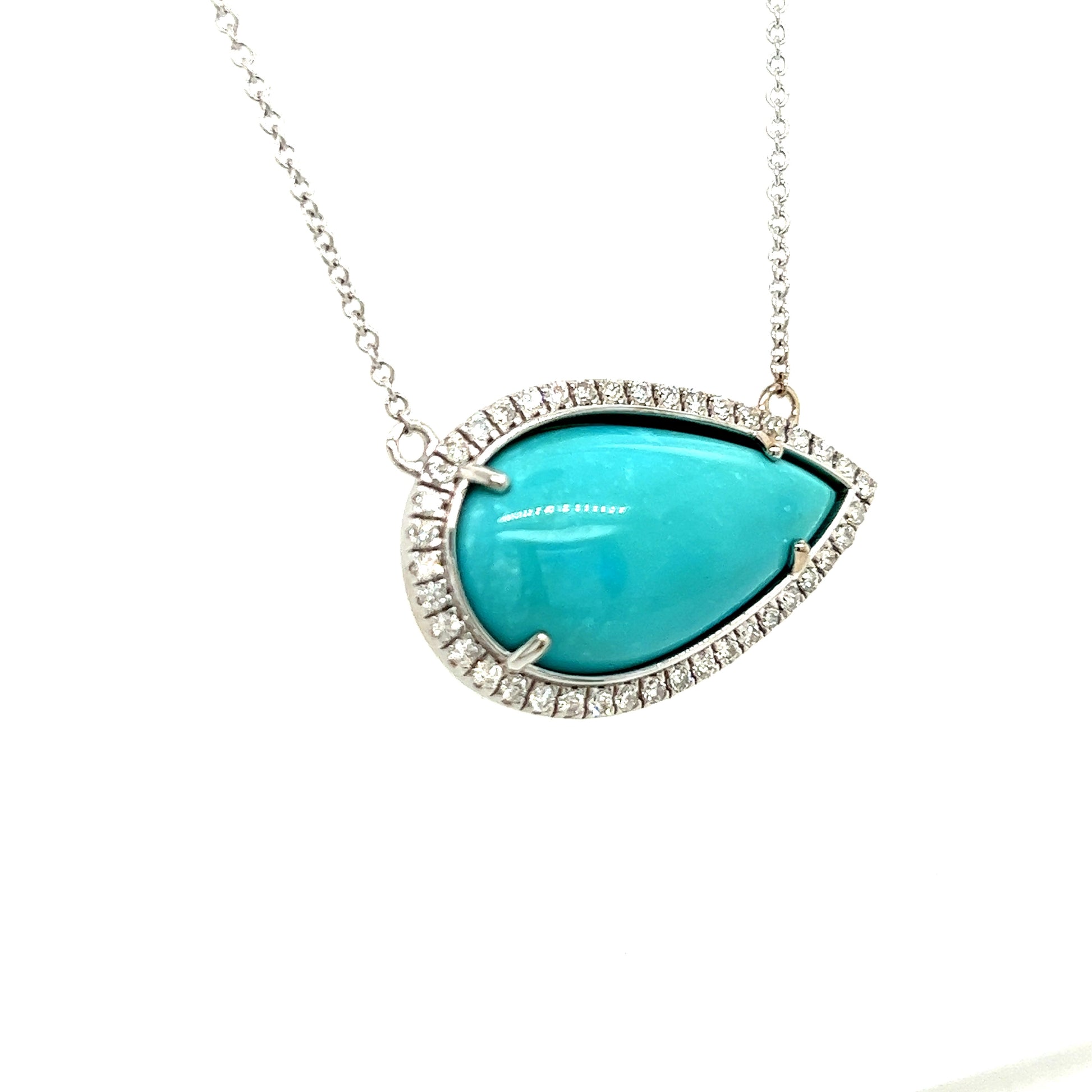 Persian Turquoise Diamond Halo Pendant With Chain 18.5" 14k WG 11.36 TCW Certified $5,950 300680
