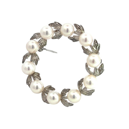 Mikimoto Estate Akoya Pearl Wreath Brooch Pin 1.375" 5 mm Sterling Silver M382