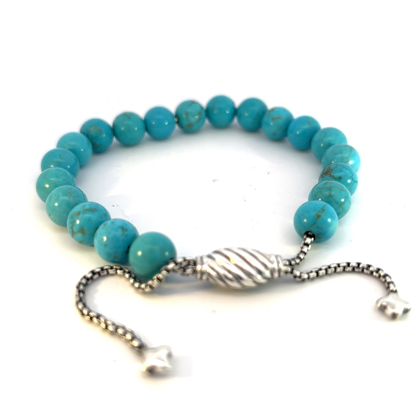 David Yurman Authentic Estate Turquoise Spiritual Beads Bracelet 6.6 - 8.5" Silver 8 mm DY456