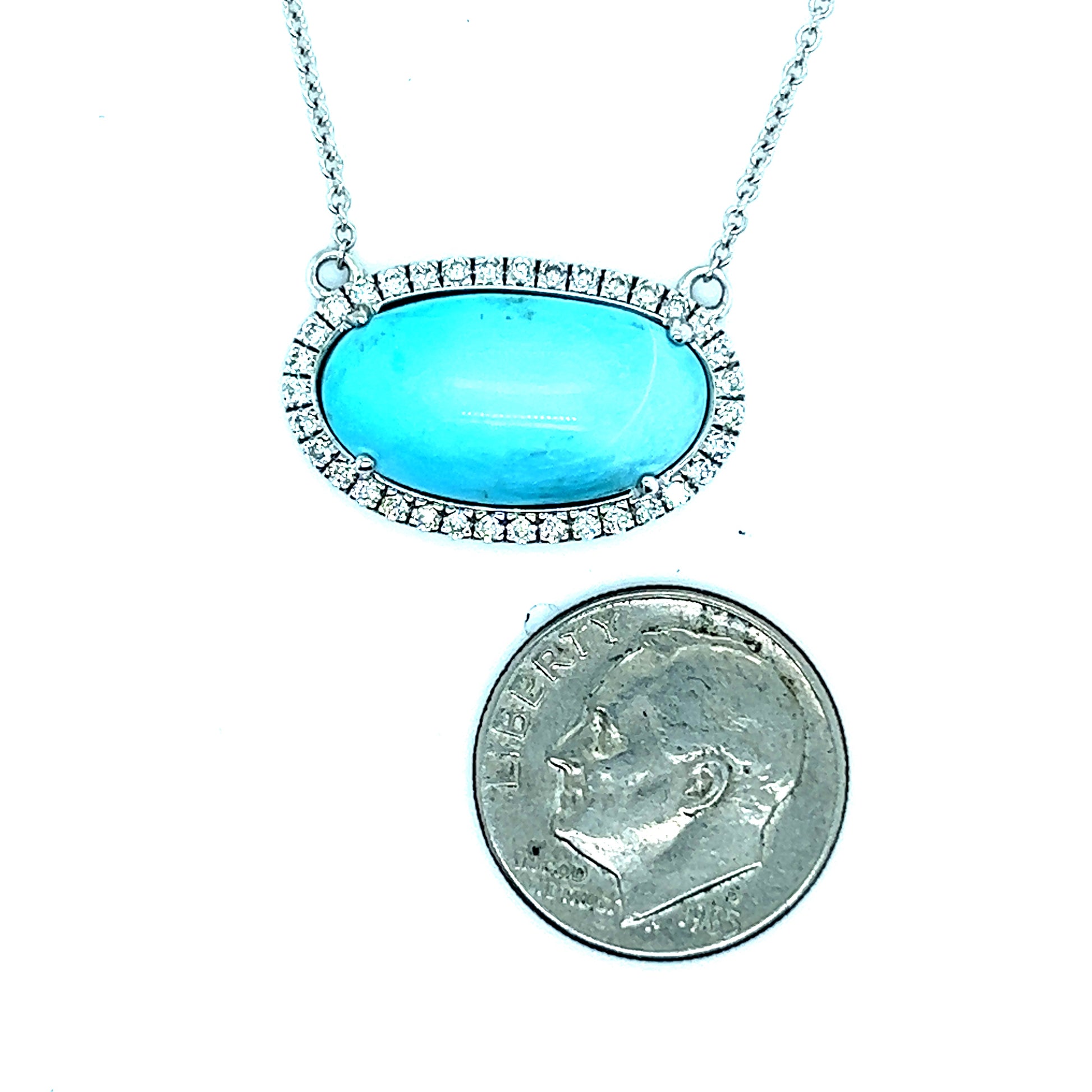 Natural Persian Turquoise Diamond Halo Pendant With Chain 18.5" 14k WG 8.1 TCW Certified $4,975 300679