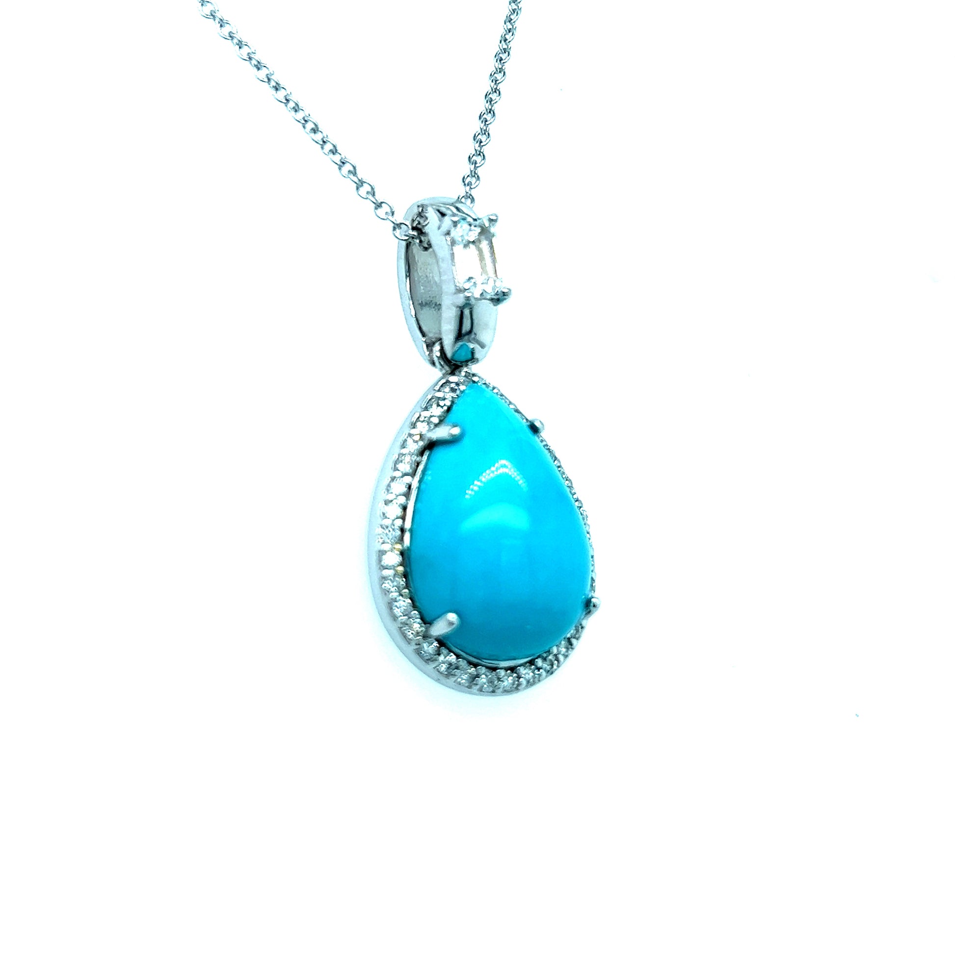 Natural Persian Turquoise Sapphire Diamond Pendant Necklace 18" 14k WG 8.44 TCW Certified $5,975 219119