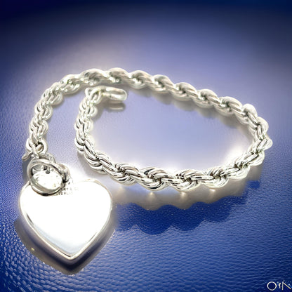 Tiffany & Co Estate Twisted Rope Bracelet With Heart 8" Sterling Silver TIF687