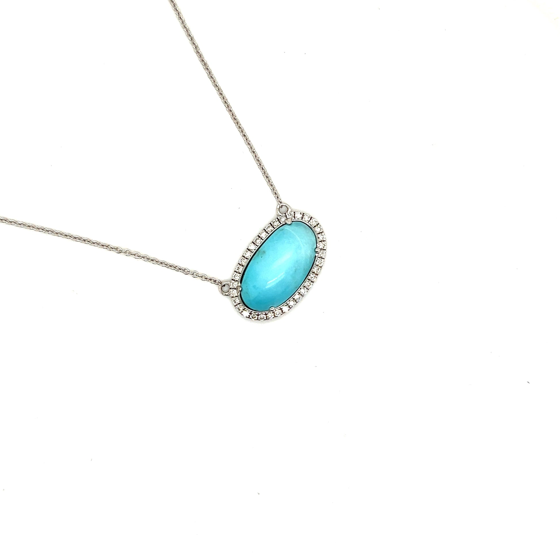 Natural Persian Turquoise Diamond Halo Pendant With Chain 18.5" 14k WG 8.1 TCW Certified $4,975 300679