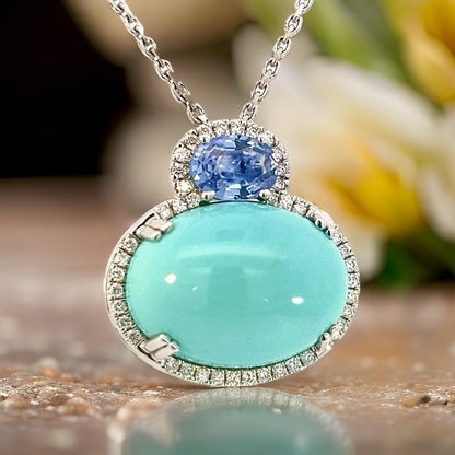 Natural Persian Turquoise Sapphire and Diamond Stud Pendant Necklace 14k White Gold 19.03 TCW Certified $6,950 311694