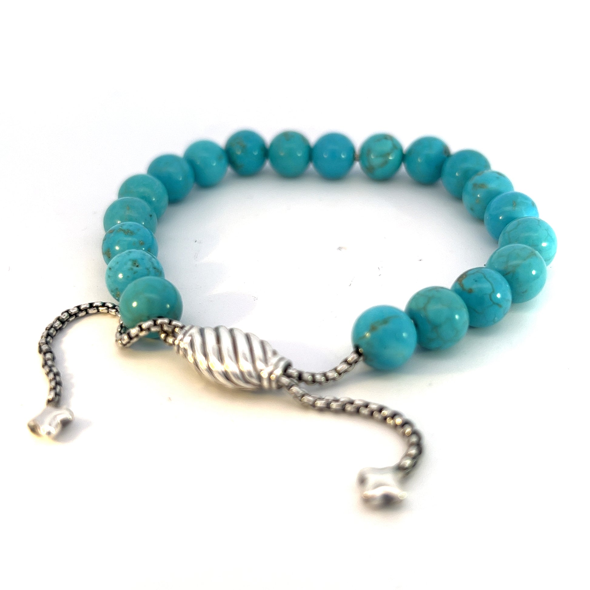 David Yurman Authentic Estate Turquoise Spiritual Beads Bracelet 6.6 - 8.5" Silver 8 mm DY455