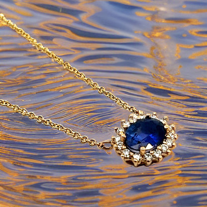 Natural Sapphire Diamond Halo Pendant With Chain 18" 14k YG 1.67 TCW Certified $4,950 300633 - Certified Fine Jewelry