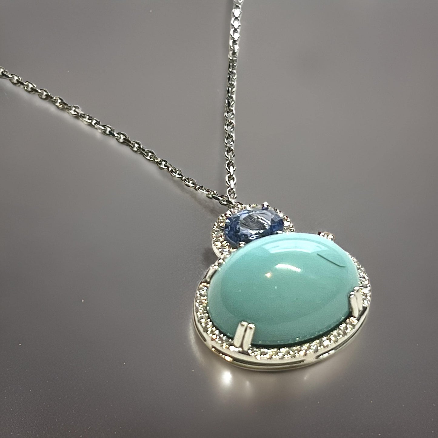 Natural Persian Turquoise Sapphire and Diamond Stud Pendant Necklace 14k White Gold 19.03 TCW Certified $6,950 311694