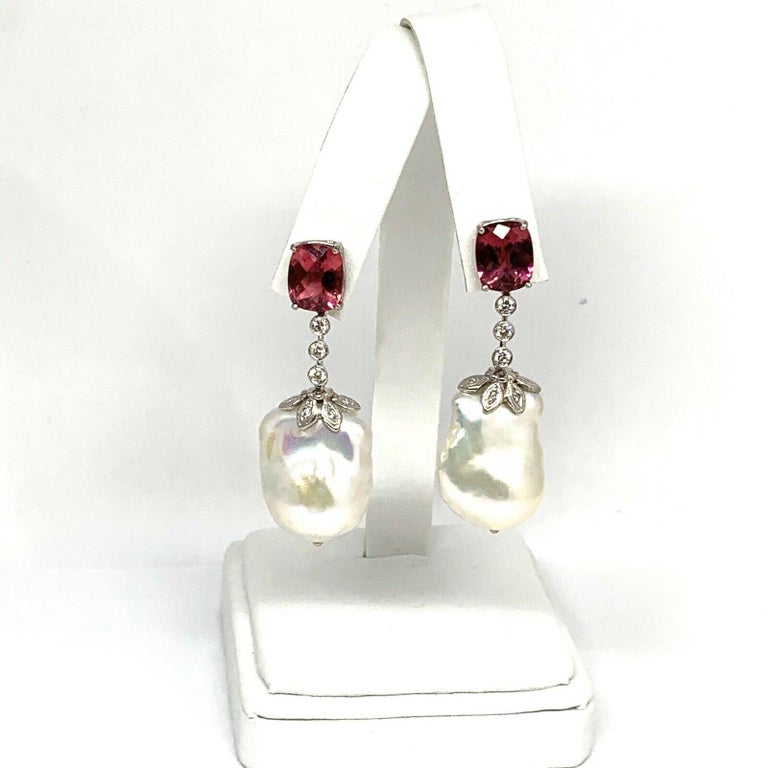 Diamond Rubellite Tourmaline Pearl Earrings 14k Gold 6.25 TCW Certified $4,950 920746 - Certified Fine Jewelry