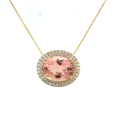 Natural Morganite Diamond Halo Pendant 18" 14k Gold 22.81 TCW Certified $7,950 601359