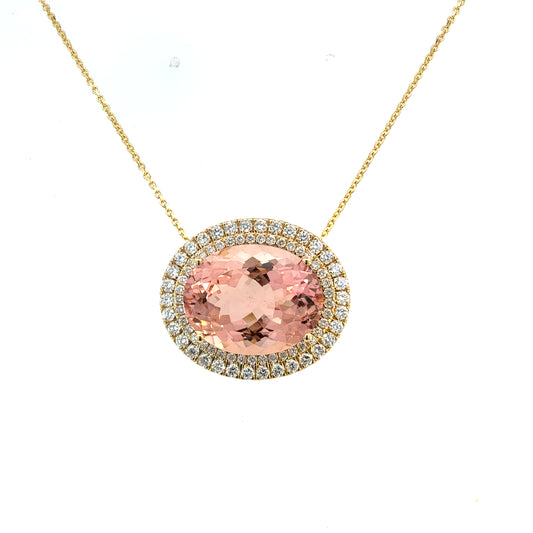 Natural Morganite Diamond Halo Pendant 18" 14k Gold 22.81 TCW Certified $7,950 601359