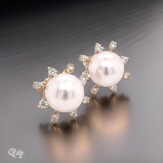 Diamond Akoya Pearl Earrings 14k Yellow Gold 9.5 mm Certified $3,975 018641