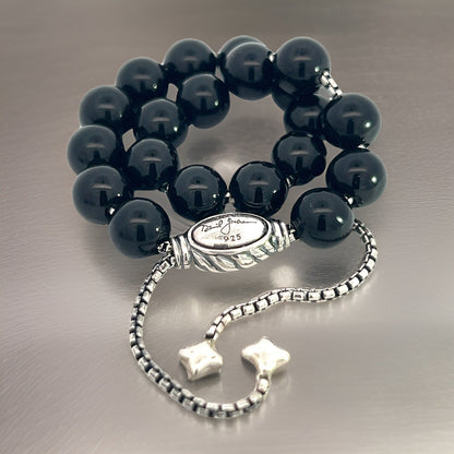 David Yurman Authentic Estate Onyx Polished Beads Bracelet 6.6 - 8.5" Silver 8 mm DY450