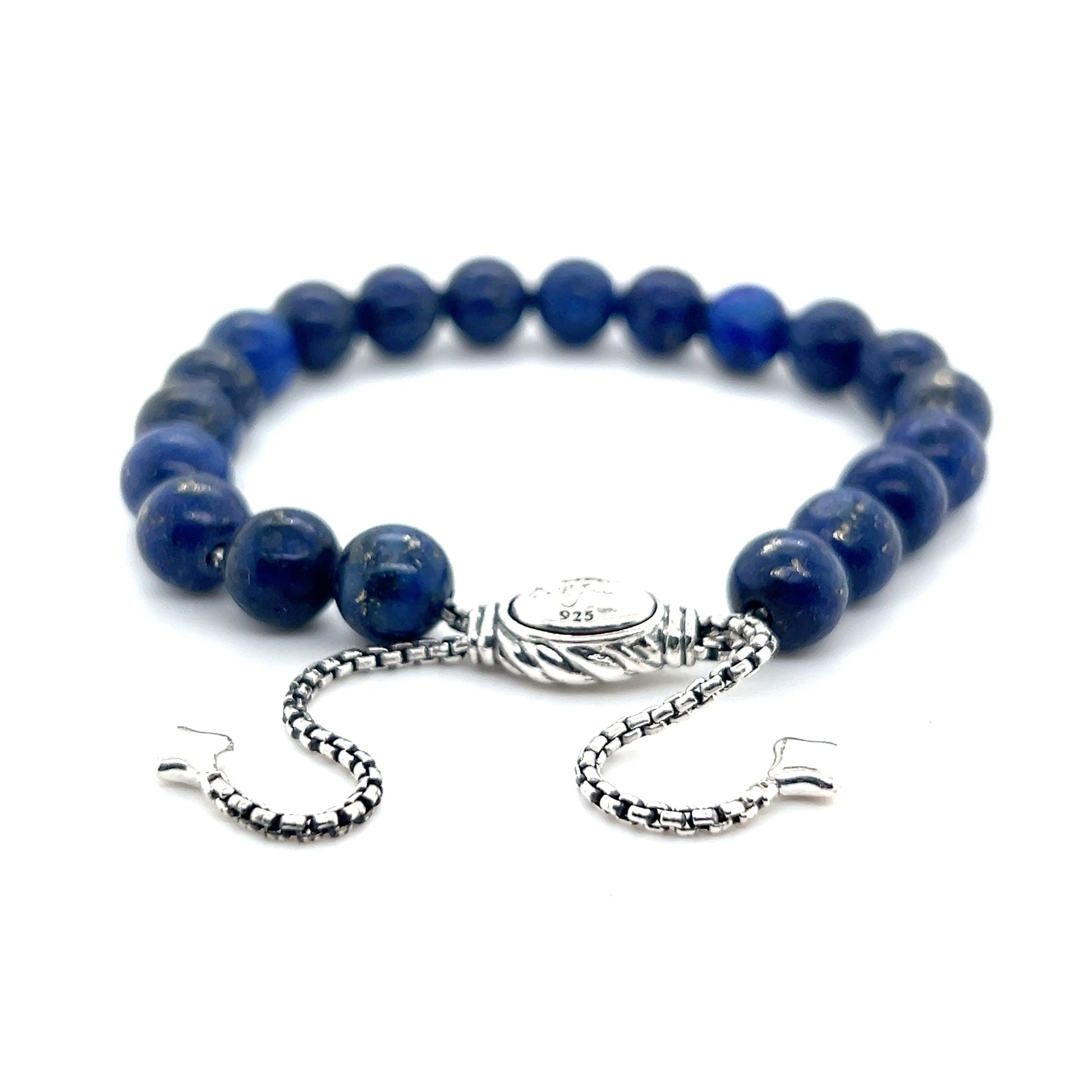 David Yurman Authentic Estate Lapis Lazuli Spiritual Beads Bracelet 6.6 - 8.5" Silver 8 mm DY497