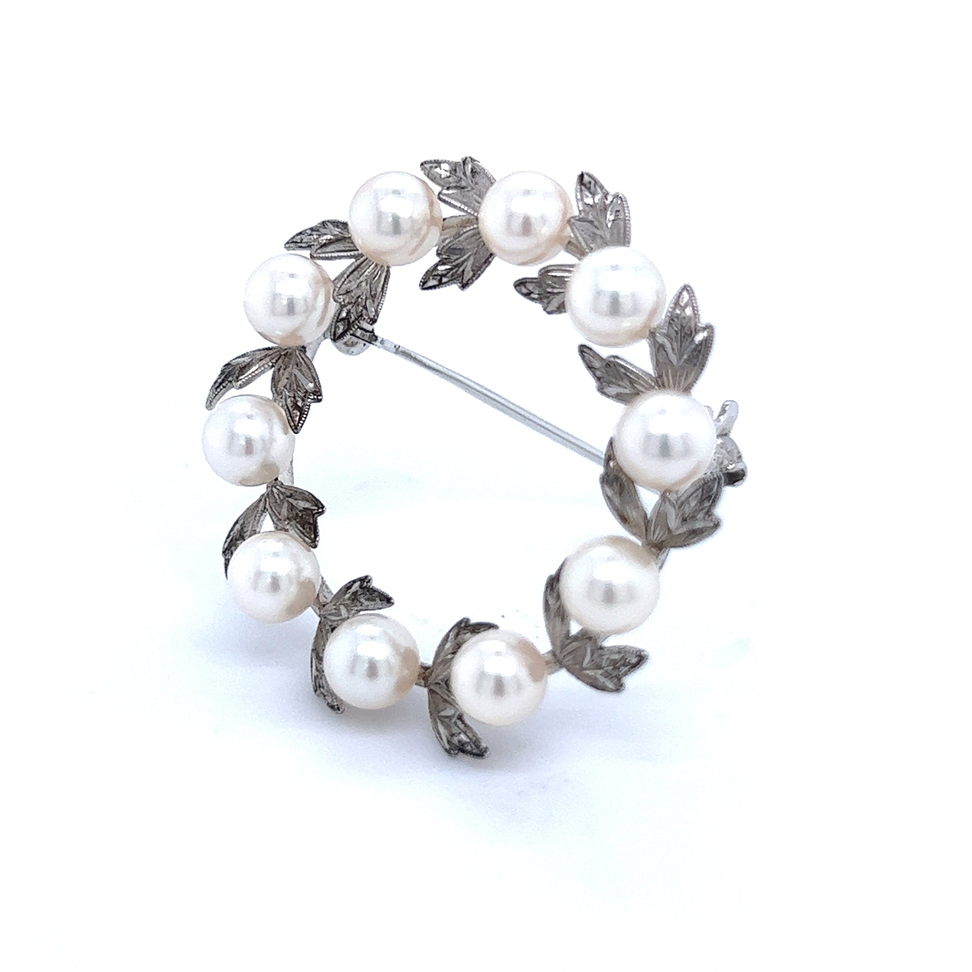 Mikimoto Estate Akoya Pearl Wreath Brooch 1.75" Silver 5 mm M329 - Certified Fine Jewelry