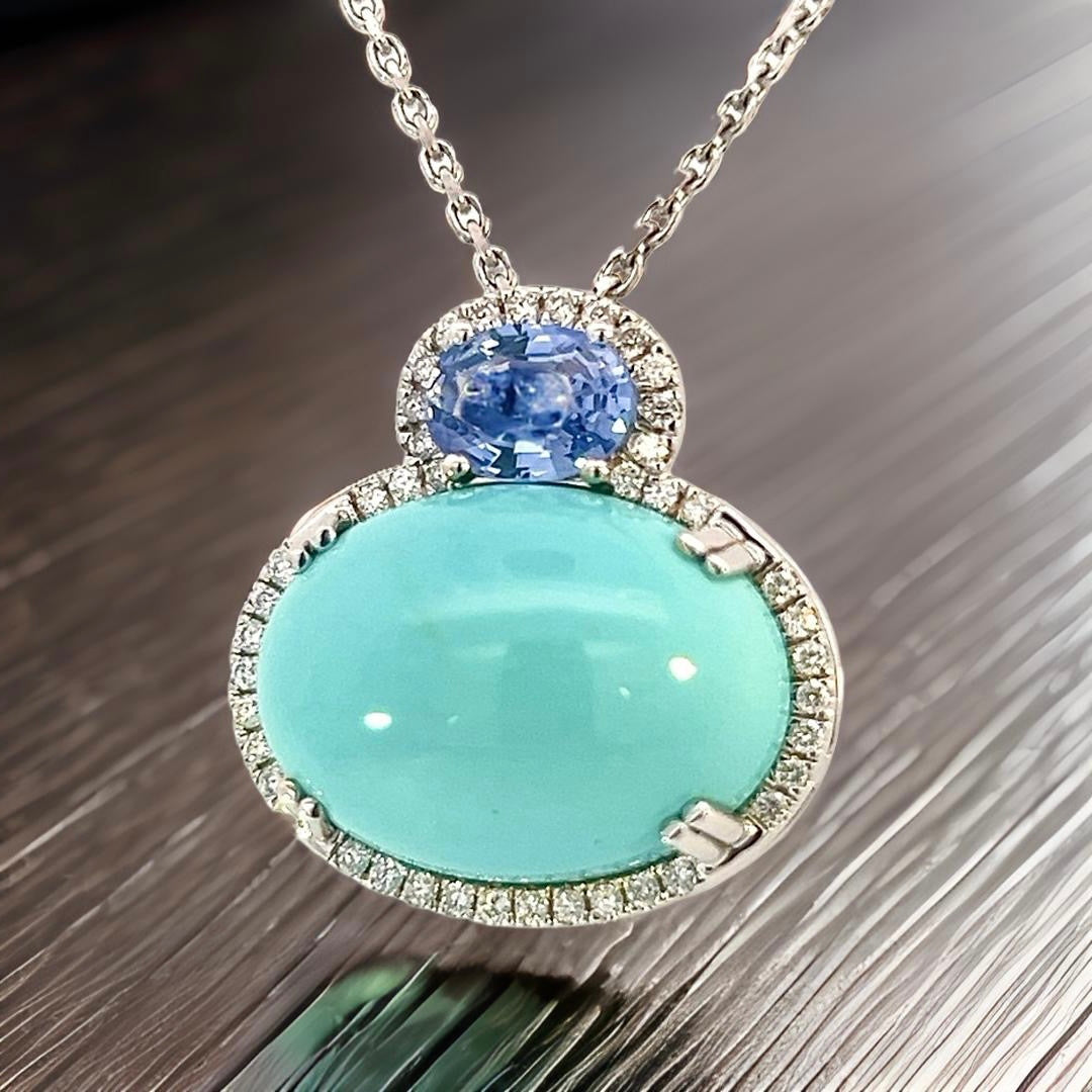 Natural Persian Turquoise Sapphire and Diamond Stud Pendant Necklace 14k White Gold 19.03 TCW Certified $6,950 311694