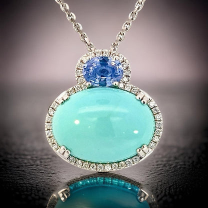 Natural Persian Turquoise Sapphire and Diamond Stud Pendant Necklace 14k White Gold 19.03 TCW Certified $6,950 311694