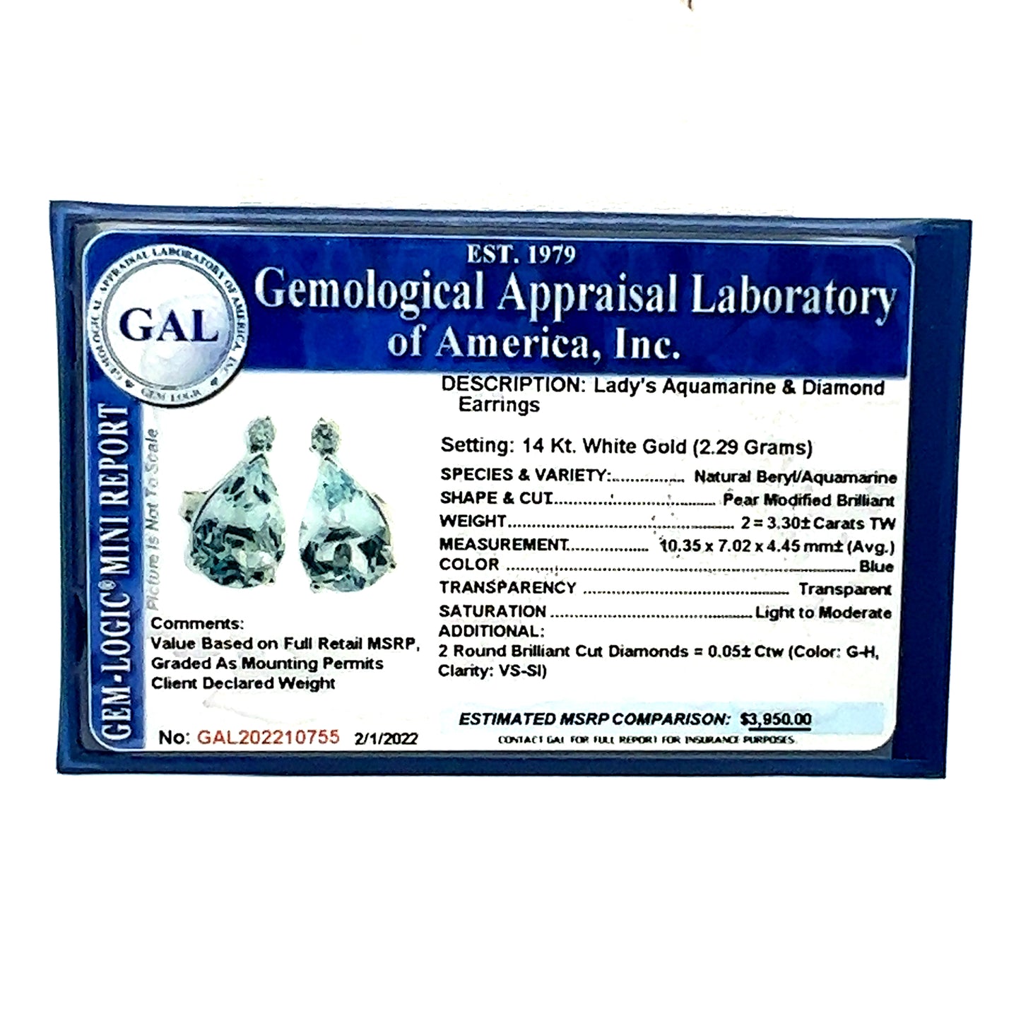 Natural Aquamarine Diamond Earrings 14k W Gold 3.35 TCW Certified $3,950 210755