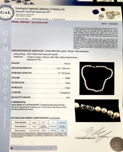 Mikimoto Estate Akoya Pearl Necklace 17" 18k W Gold 8 mm Certified $11,450 311936