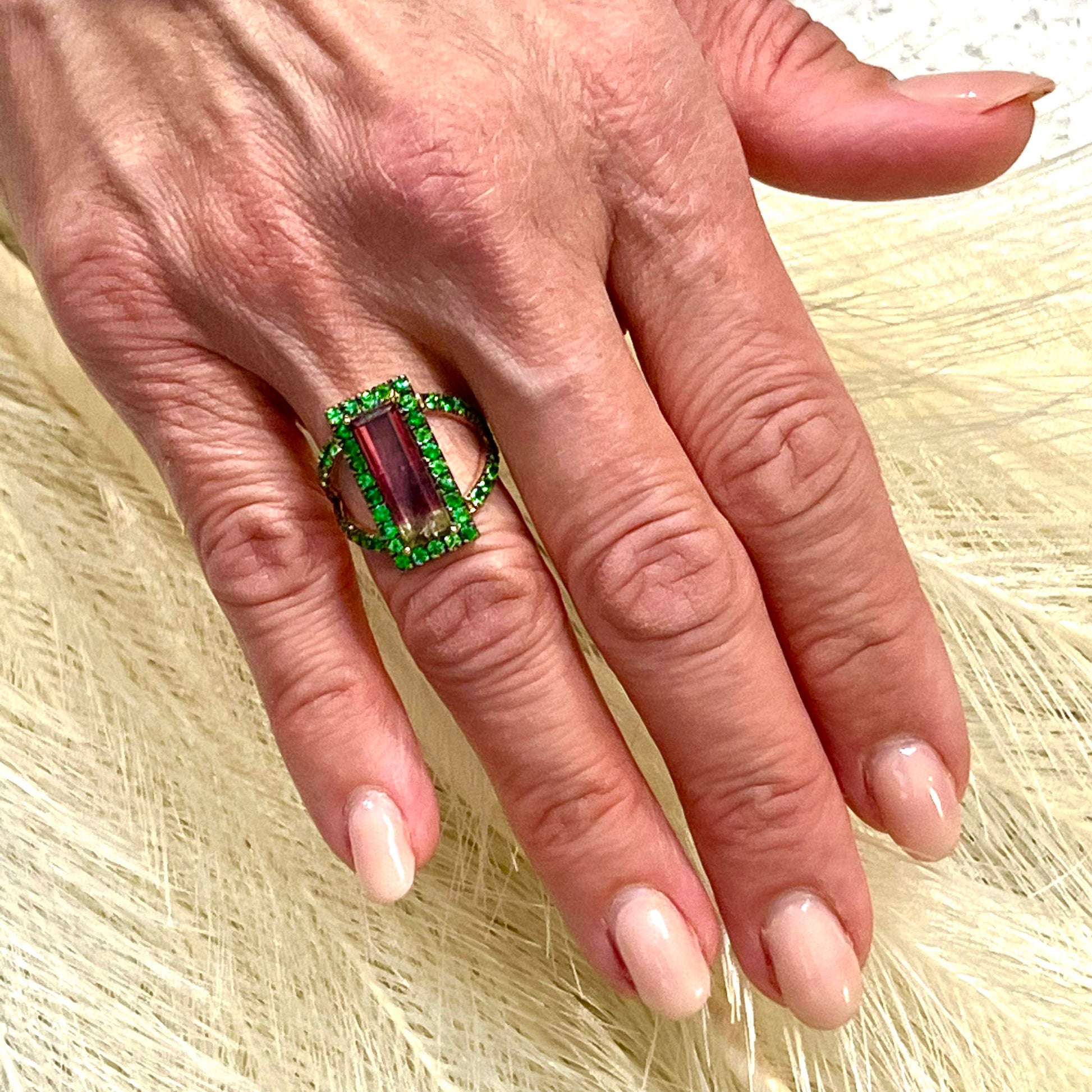 Watermelon Tourmaline Tsavorite Ring – 14k Yellow Gold, TCW