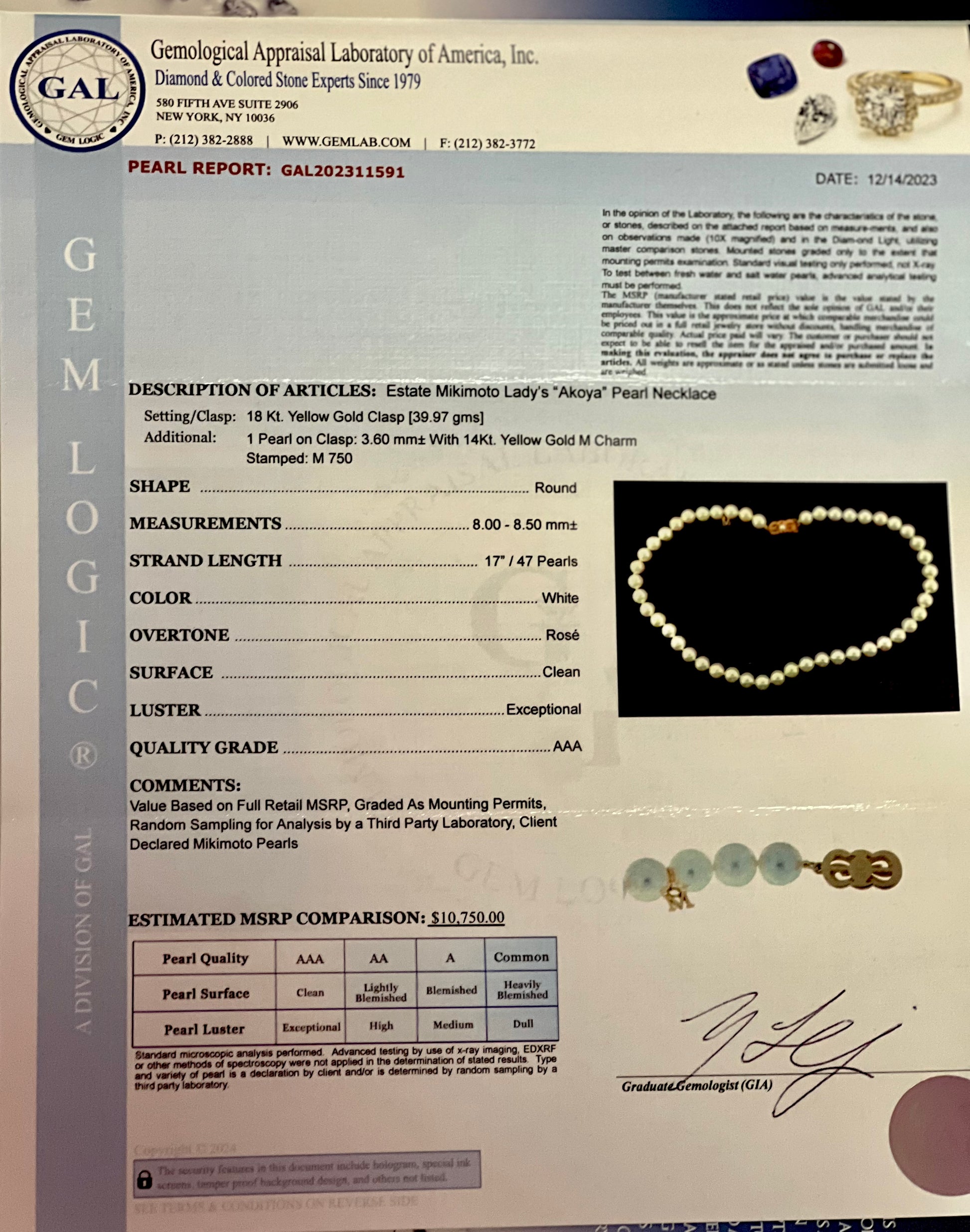 Mikimoto Estate Akoya Pearl Necklace 17" 18k Y Gold 8.5 mm Certified $10,750 311591 - Certified Fine Jewelry