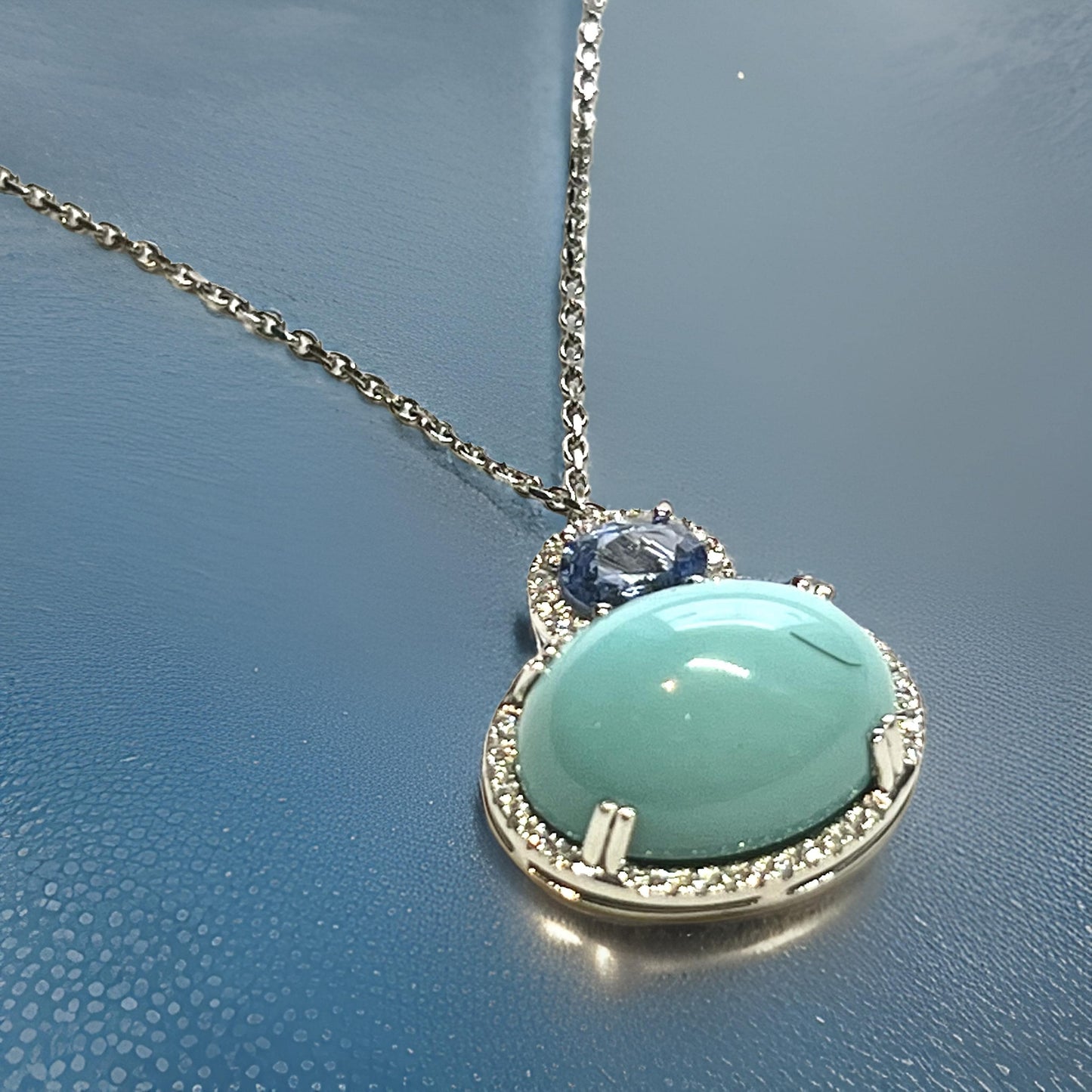 Natural Persian Turquoise Sapphire and Diamond Stud Pendant Necklace 14k White Gold 19.03 TCW Certified $6,950 311694