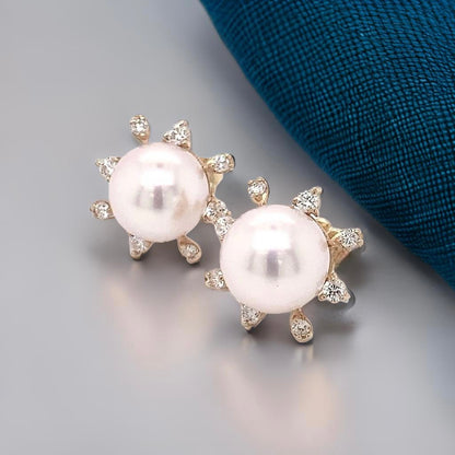 Diamond Akoya Pearl Earrings 14k Yellow Gold 9.5 mm Certified $3,975 018641