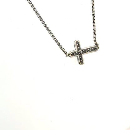David Yurman Black Diamond Cross Pendant with 16" Chain Sterling Silver Estate DY634