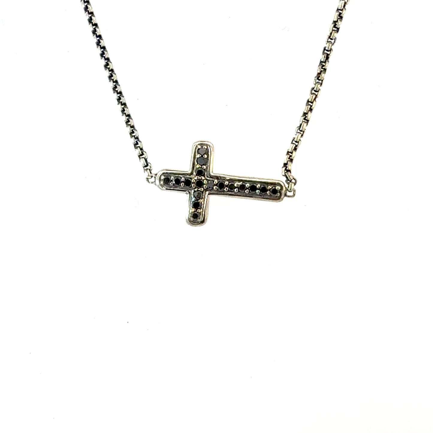 David Yurman Black Diamond Cross Pendant with 16" Chain Sterling Silver Estate DY634