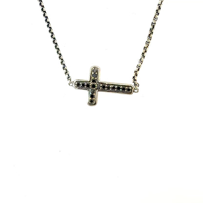 David Yurman Black Diamond Cross Pendant with 16" Chain Sterling Silver Estate DY634