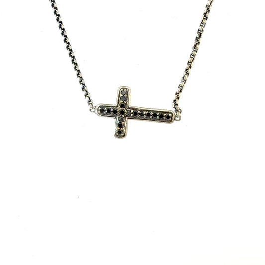 David Yurman Black Diamond Cross Pendant with 16" Chain Sterling Silver Estate DY635