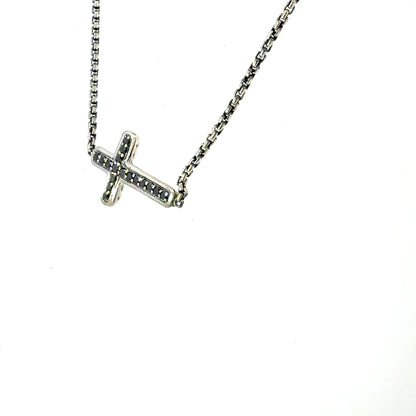 David Yurman Black Diamond Cross Pendant with 16" Chain Sterling Silver Estate DY634