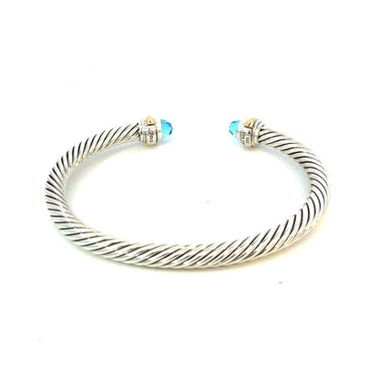 David Yurman Blue Topaz Cuff Bracelet 14k Gold & Silver 5 mm Estate DY636