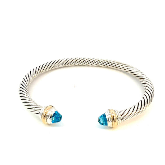 David Yurman Blue Topaz Cuff Bracelet 14k Gold & Silver 5 mm Estate DY636