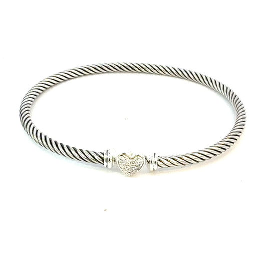 David Yurman Diamond 3 mm Cable Cuff Bracelet Sterling Silver Estate DY638