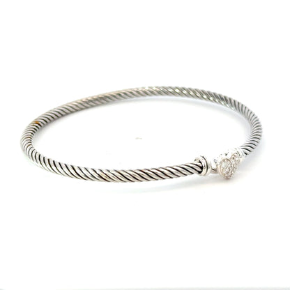 David Yurman Diamond Cuff Bracelet Size M 7.5" 3 mm Sterling Silver Estate DY642
