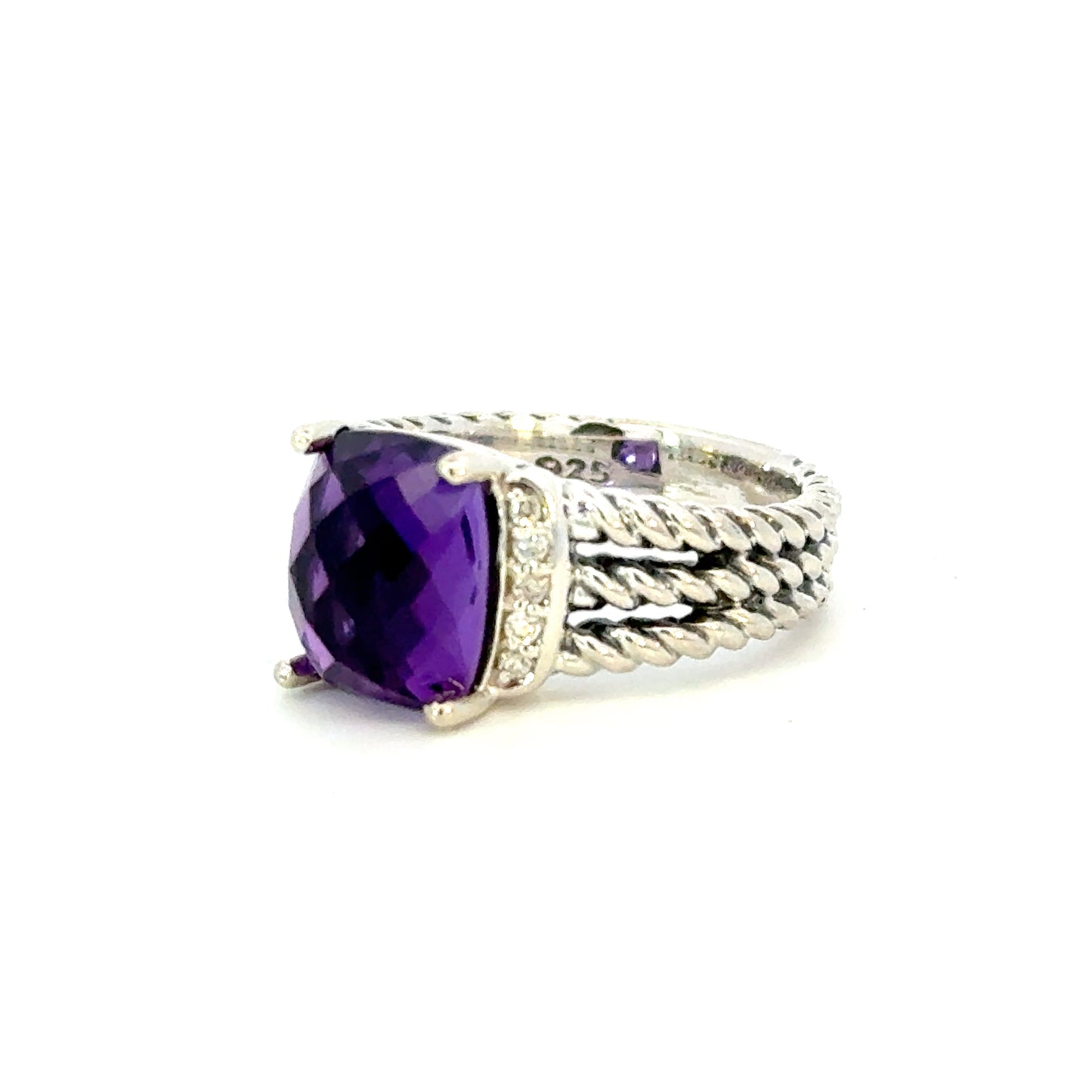 David Yurman Amethyst Diamond Ring Size 5.5 Sterling Silver Estate DY651