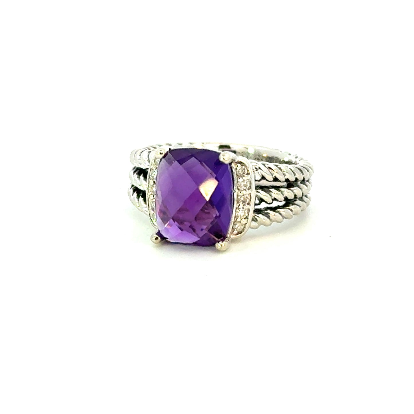 David Yurman Amethyst Diamond Ring Size 5.5 Sterling Silver Estate DY651